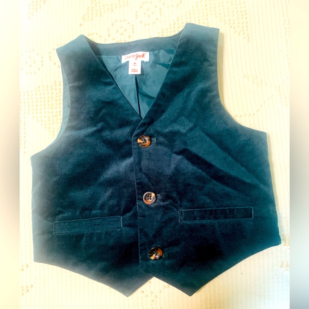 Cat & Jack Emerald Green Velvet Vest Toddler 3T Wedding/Christmas/Event
